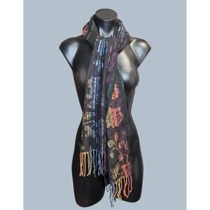 Cejon Scarf Women One Size Black Multicolor Floral Stripe Fringe Knit Italy Luxe
